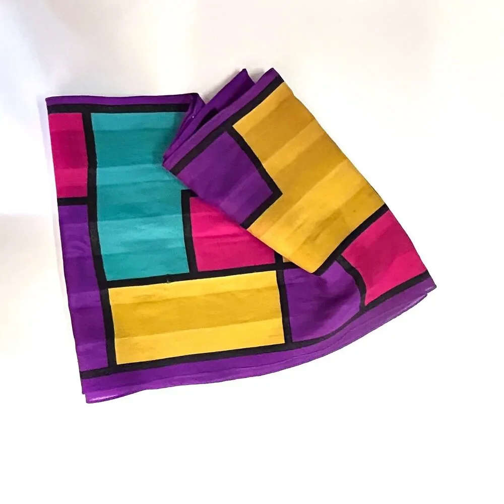 Vintage 80s Purple Multicolor Stained Glass Colorblock Rectangular Silk Scarf